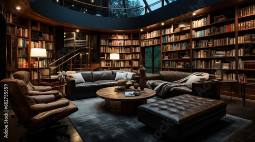 Contemporary Library Space with Comfortable Seating and Bookshelves © Pretty Panda