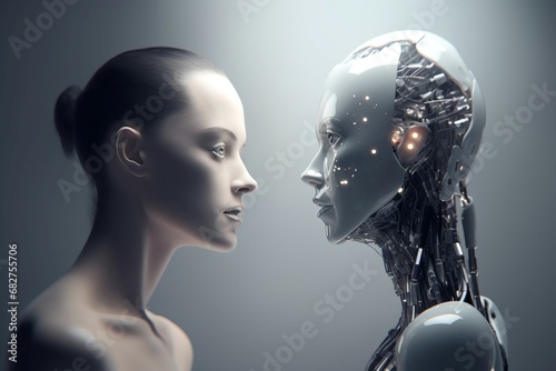 Woman and robot looking at each other. Lady meeting cybernetic humanoid terminator. Generate ai