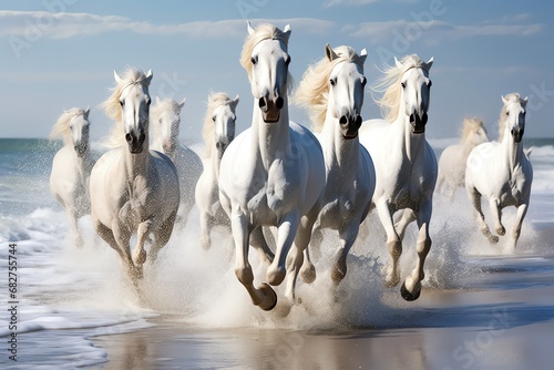 a group of white horses running on water