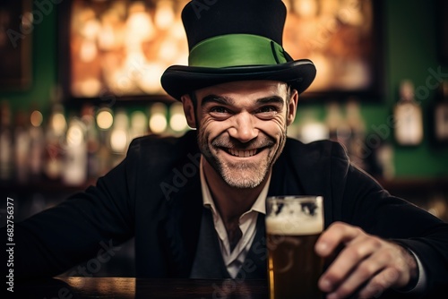 Portrait of an Irish man with a hat celebrates St. Patrick's Day in a bar with a pint of beer 