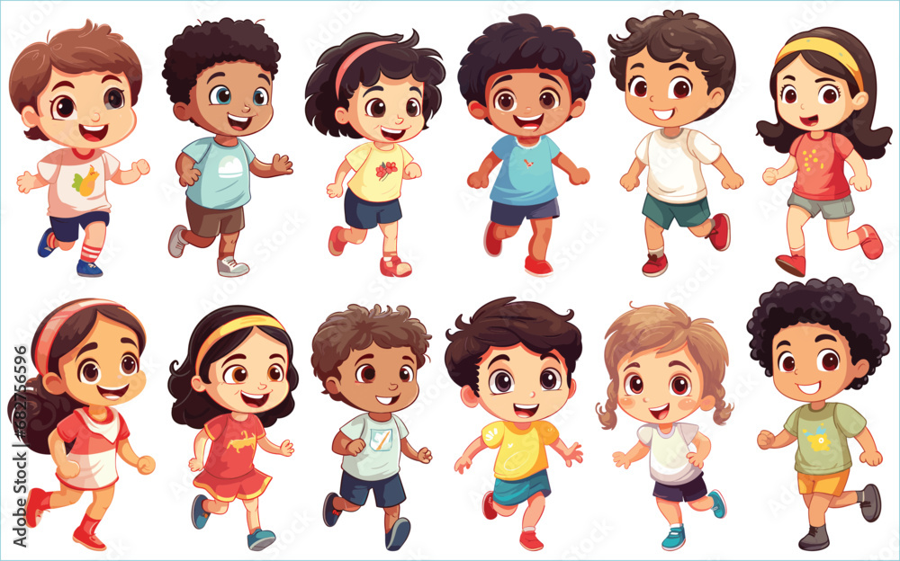 Set of Happy multiethnic preschool girls and boy standing in different expressions, Cute kids cartoon with different expressions, Set of funny and cute little boy and girl with different expressions Set of Happy multiethnic preschool girls and boy standing in different expressions, Cute kids cartoon with different expressions, Set of funny and cute little boy and girl with different expressions