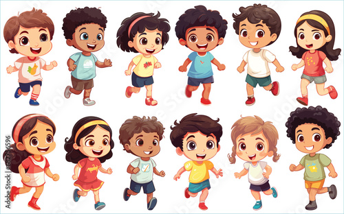 Set of Happy multiethnic preschool girls and boy standing in different expressions  Cute kids cartoon with different expressions  Set of funny and cute little boy and girl with different expressions
