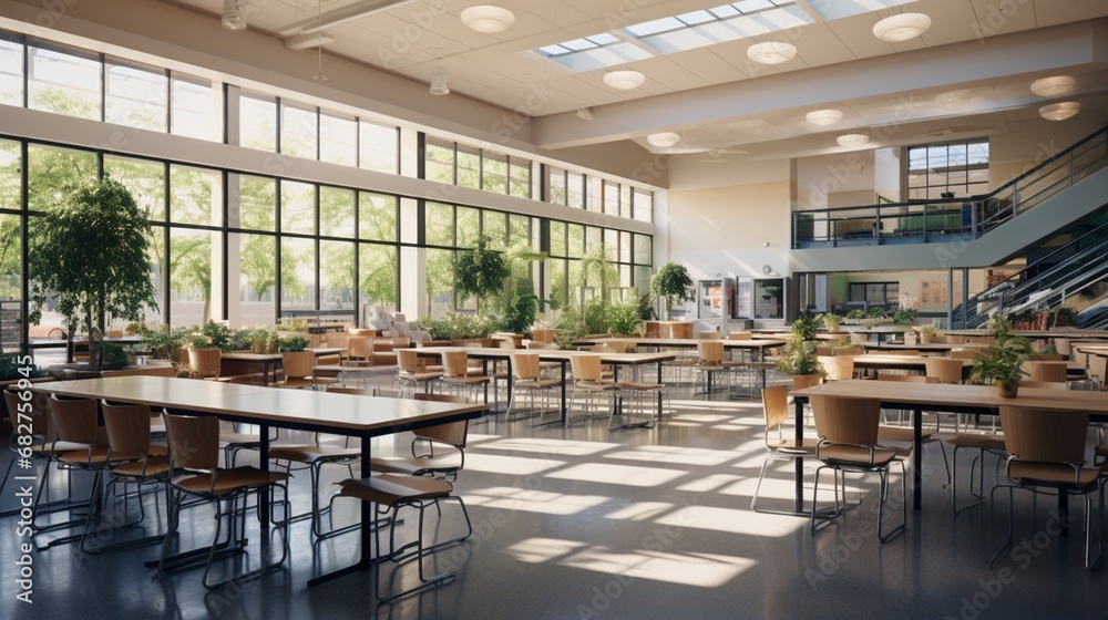 High School Cafeteria Interior Bathed in Soft Window Light, Creating a Welcoming Ambiance