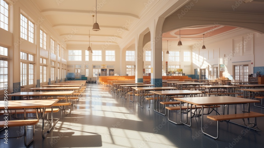 High School Cafeteria Interior Bathed in Soft Window Light, Creating a Welcoming Ambiance