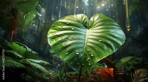 Imposing Elephant Ear Leaf Stands Out in a Verdant Forest Glowing with Magical Sunlight, Adorned by Glistening Raindrops