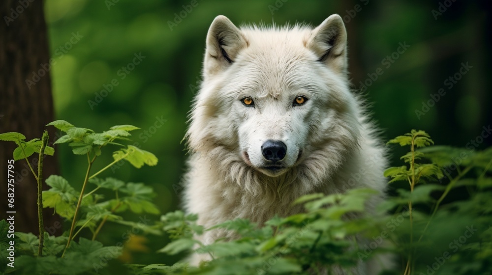 Majestic white wolf, focused gaze toward the camera, among the vibrant green foliage of a lush forest with a blurred background