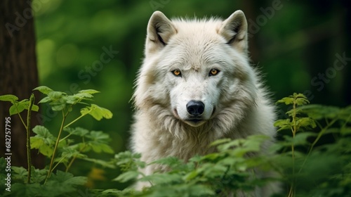 Majestic white wolf, focused gaze toward the camera, among the vibrant green foliage of a lush forest with a blurred background