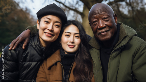 A pair of young asian woman befriending an elderly dark-skinned man at a park photo