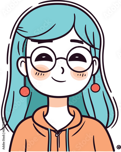 Cute cartoon girl with blue hair and glasses vector illustration