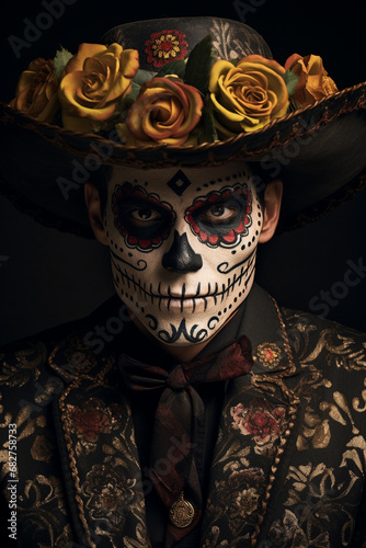 Cultural Celebration: Young Man Embraces Day of the Dead Tradition with Makeup and Costume © Maximilien