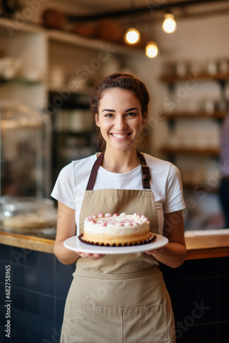 Baking Dreams: Female Business Owner Beams with a Simple Cake in Her Shop