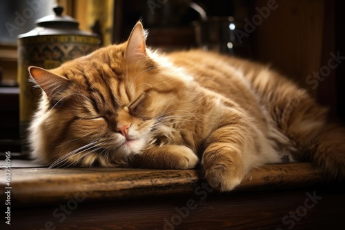 A fat lazy cat sleeps on the windowsill © dashtik