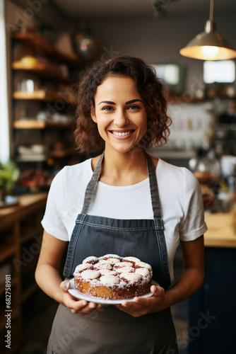 Sweet Success  Smiling Young Woman Baker Proudly Holds a Cake in Her Bakery
