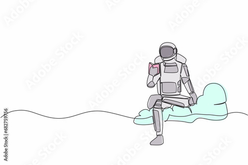 Continuous one line drawing young astronaut sitting on cloud reading book. Study literature or research in wormhole exploration. Cosmonaut outer space. Single line graphic design vector illustration