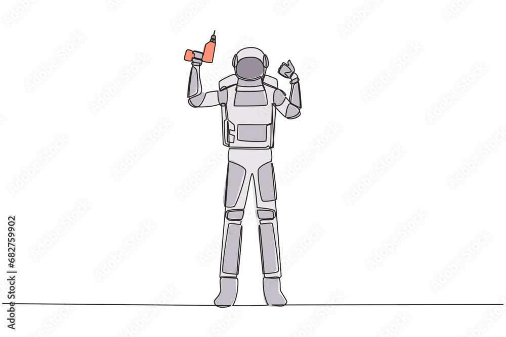 Continuous one line drawing astronaut hold electric drill tool for repair household. Home decoration. Preparation house reparation. Cosmonaut outer space. Single line draw design vector illustration