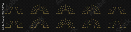 Half circle sunburst, line sun frame icon set