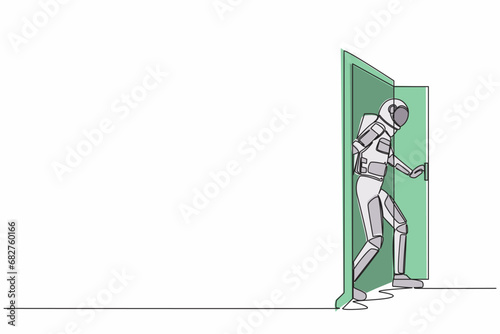 Continuous one line drawing astronaut walking through an open door frame in moon surface. New space interstellar expedition. Cosmonaut outer space. Single line draw graphic design vector illustration