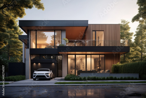 Street with modern modular private townhouse. Appearance of residential architecture.