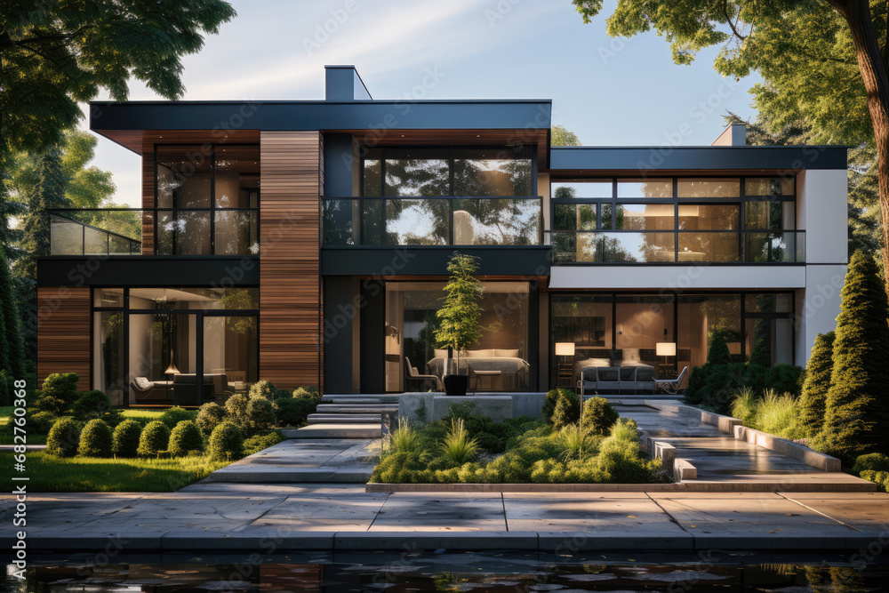 Street with modern modular private townhouse. Appearance of residential architecture. Street with modern modular private townhouse. Appearance of residential architecture.