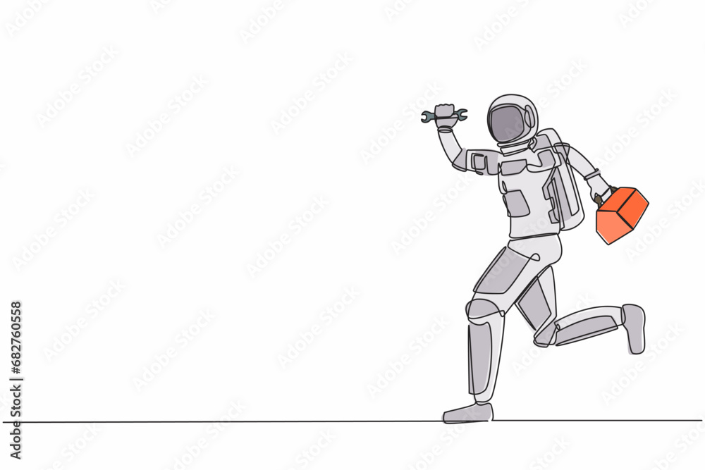 Single continuous line drawing young astronaut mechanic running with tool box in moon surface. Technical service on spaceship problem. Cosmonaut deep space. One line graphic design vector illustration