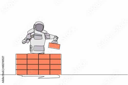 Continuous one line drawing astronaut building brick wall. Future house development. Preparation home reparation on moon surface. Cosmonaut outer space. Single line graphic design vector illustration