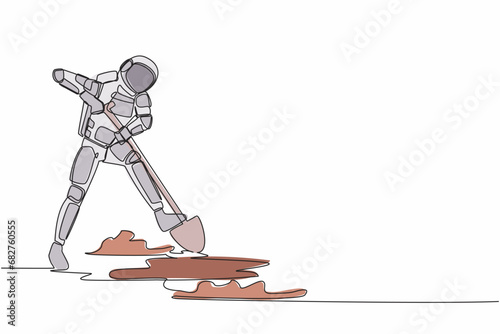 Single one line drawing young astronaut digging ground with spade in moon surface. Hard working process in spaceship expedition. Cosmic galaxy space. Continuous line graphic design vector illustration