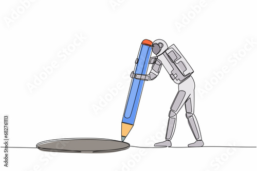 Single continuous line drawing astronaut making circle of holes with large pencil. Spaceship business cheating with making hole trap. Cosmonaut deep space. One line graphic design vector illustration
