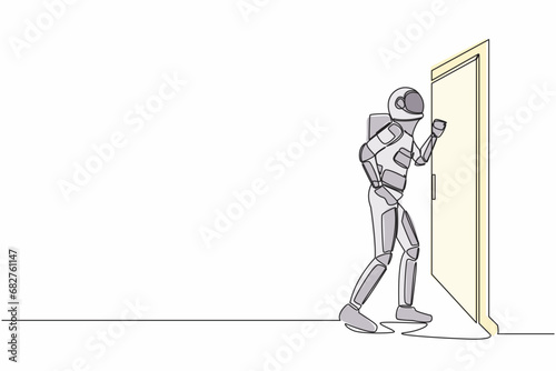 Single continuous line drawing young astronaut knocking at door in moon surface. Spaceman standing at entrance of room knocking door. Cosmonaut deep space. One line graphic design vector illustration