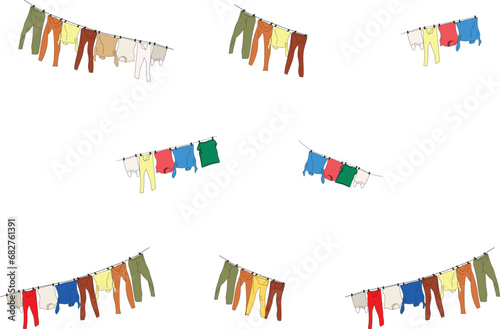 Clothes on clothesline. Clothes and accessories after washing on a rope. T-shirt. Flat vector illustration for housekeeping, cleanliness concept