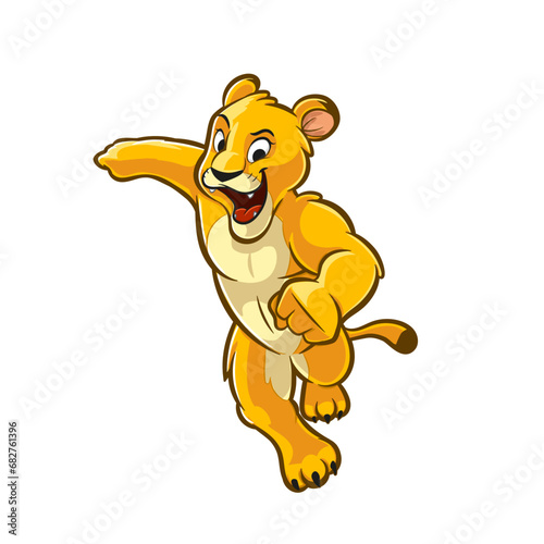lion cartoon isolated on white mascot runs and jumps smiling
