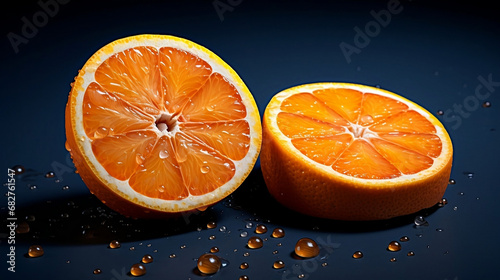 Two halves of an orange on dark blue background  Generative AI