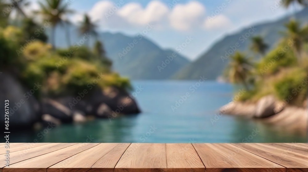 Wooden table top on blur sea and mountain background - can be used for display or montage your products.