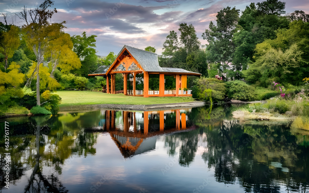 Obraz premium Serene Riverside Retreat, A Gazebo's Tranquil View