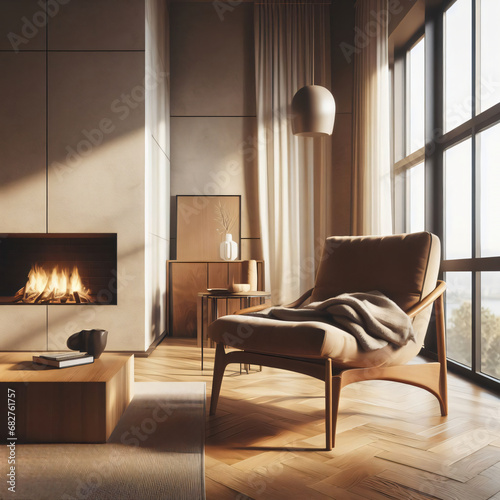 Modern Living Room, Wood Chair by Fireplace Against the Window, Home Interior, Studio Lighting for a Cozy Atmosphere. Generative Ai