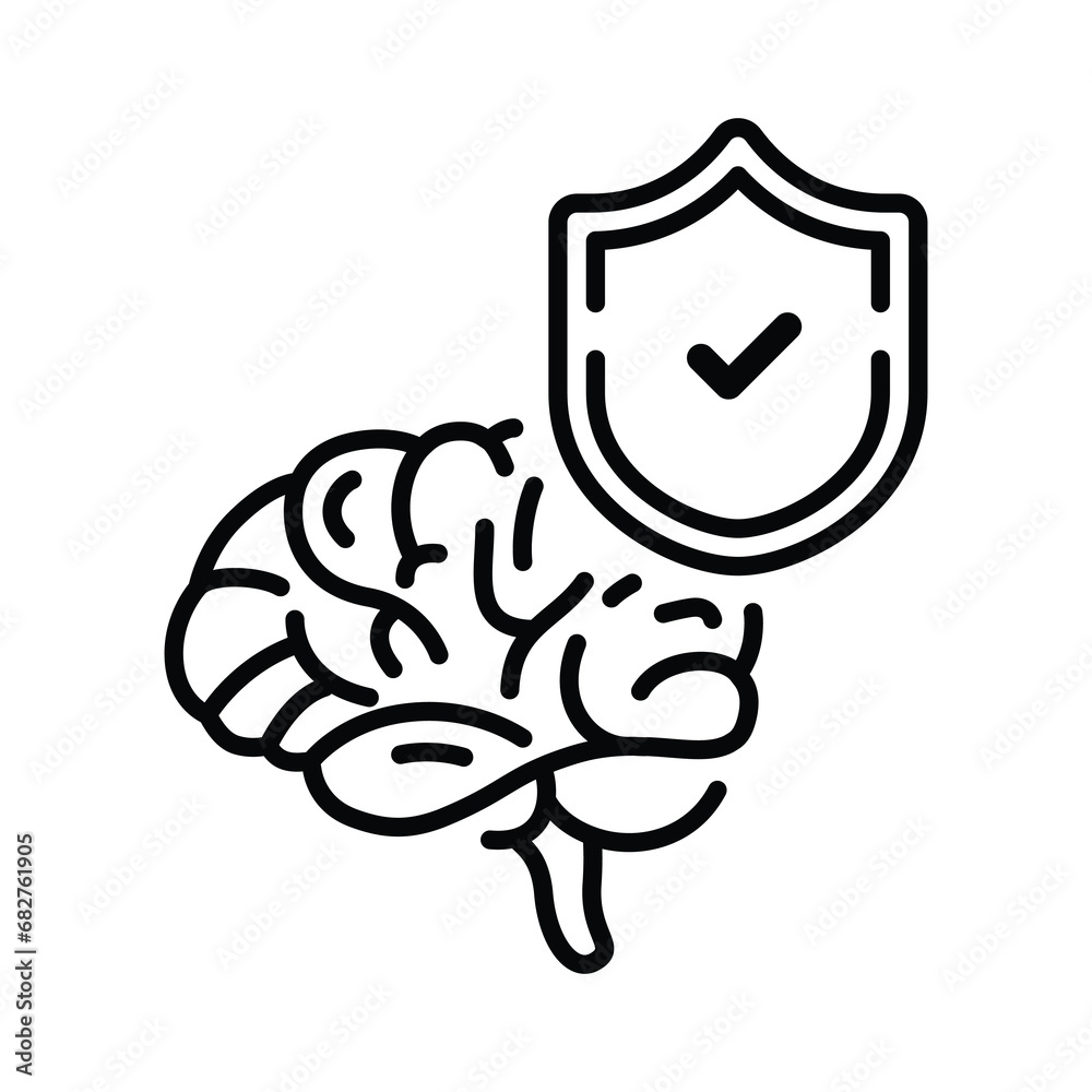 Fototapeta premium Brain and checked shield icon with line style