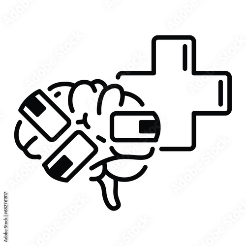 Line style icon for Brain in bandage and health cross © nakigitsune-sama