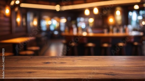 Empty wood table and Coffee shop blur background with bokeh image.