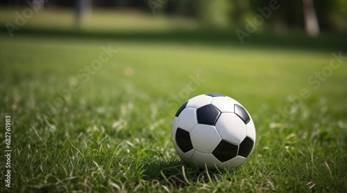 Soccer ball on the grass in the park. Football background.