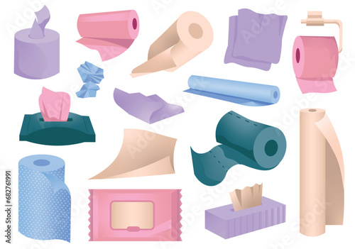 Paper set in flat cartoon design. The image shows a wonderful selection of paper towels that will perfectly suit any bathroom interior. Vector illustration.