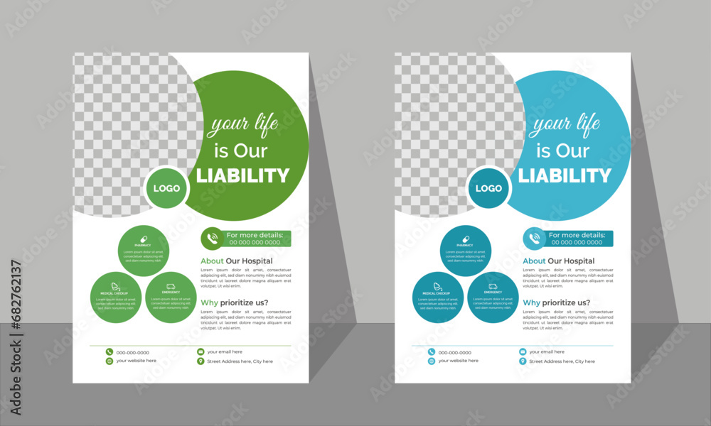 Medical care diagnostic center flyer design template in two color combination a4 layout