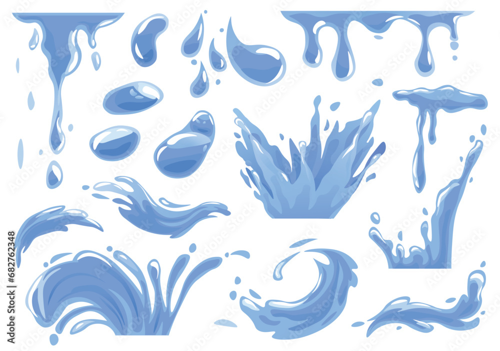 Water splash set in flat cartoon design. Demonstration of the refreshing vitality of water through this lively and colorful set, showcasing the captivating beauty of splashes. Vector illustration. Water splash set in flat cartoon design. Demonstration of the refreshing vitality of water through this lively and colorful set, showcasing the captivating beauty of splashes. Vector illustration.
