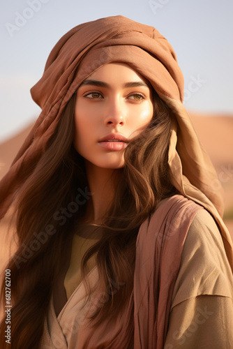 Fashion outdoor photo of beautiful sensual woman with dark hair in elegant dress and shawl posing in desert