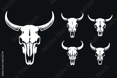 Beautiful cow skull on a black background. Vector illustration set.