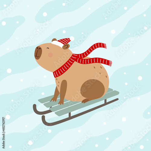 Funny capybara rides sledge. Winter funny card