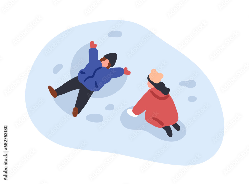 Kids playing outdoors on winter vacation. Happy children, boy and girl making snow angel, footprint, fun in snowdrift at wintertime, cold weather. Flat vector illustration isolated on white background