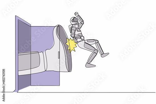 Continuous one line drawing young astronaut get kicked out of door. Dismissed from his job. Boss kicks unnecessary spaceman. Cosmonaut outer space. Single line draw graphic design vector illustration