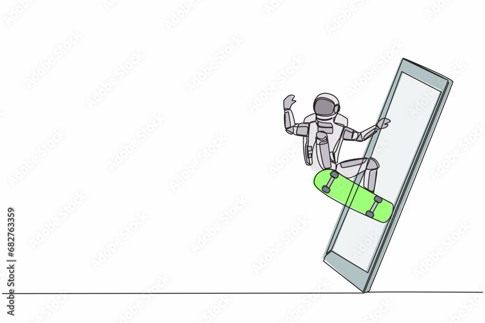 Single one line drawing of skateboarder astronaut riding skateboard and doing jump trick getting out of smartphone screen. Cosmic galaxy space. Continuous line draw graphic design vector illustration