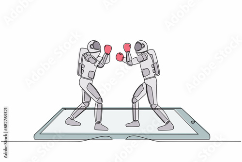 Single continuous line drawing boxing ring with two astronaut boxers on smartphone screen. Boxing fight duel during match, mobile app. Cosmonaut deep space. One line graphic design vector illustration
