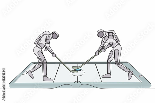 Continuous one line drawing of ice hockey rink with two astronaut players on smartphone screen. Mobile ice hockey. Online sport game. Cosmonaut outer space. Single line draw design vector illustration