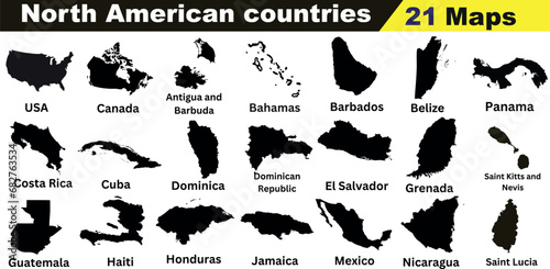 map of 21 countries of North America vector illustration, including USA, Canada, Mexico,Antigua and Barbuda, Bahamas, Barbados, Belize, Canada, Costa Rica, Cuba, Dominica, Dominican Republic,Grenada,